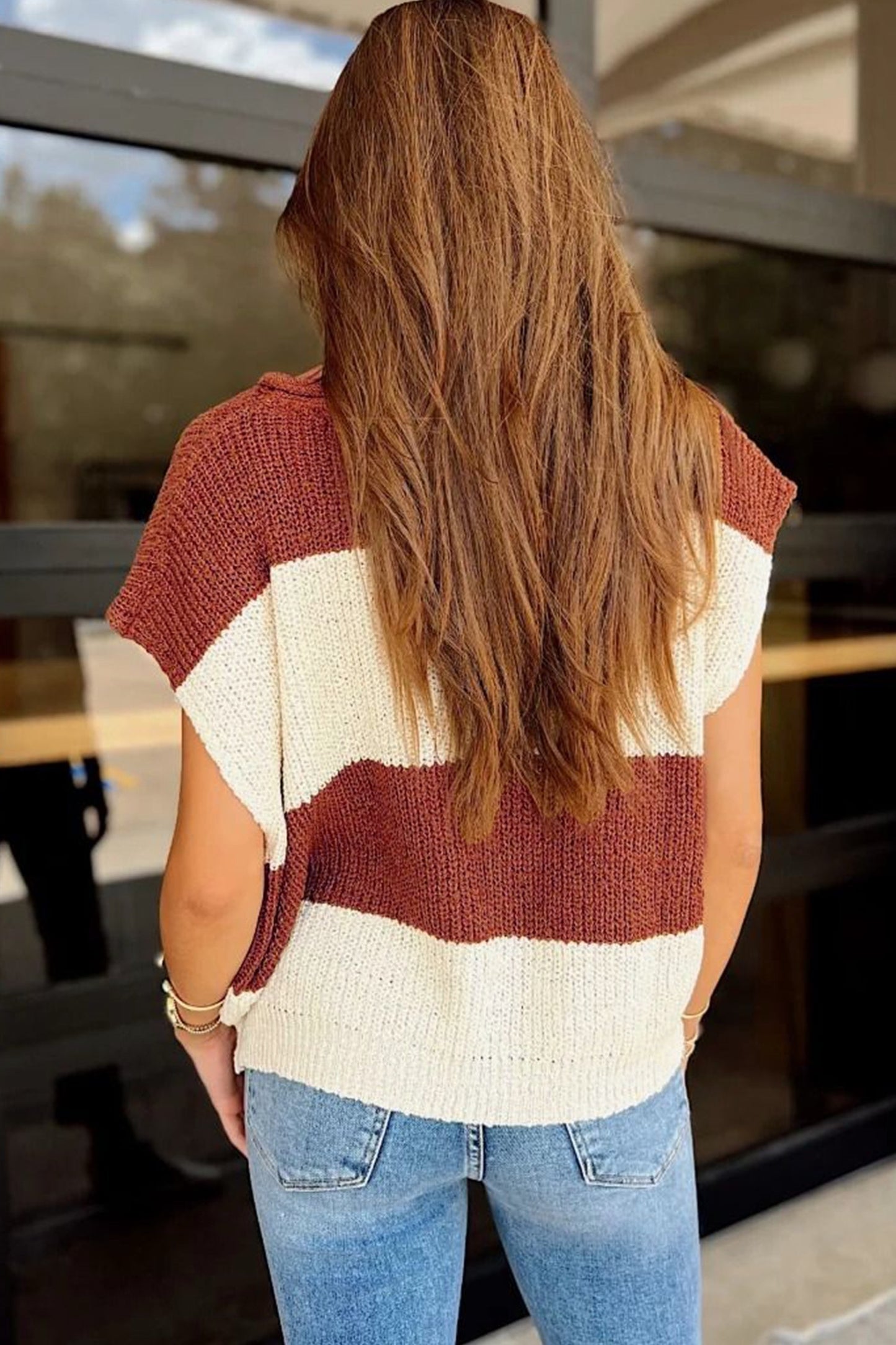 Brown stripe colorblock knit vneck short sleeve sweater