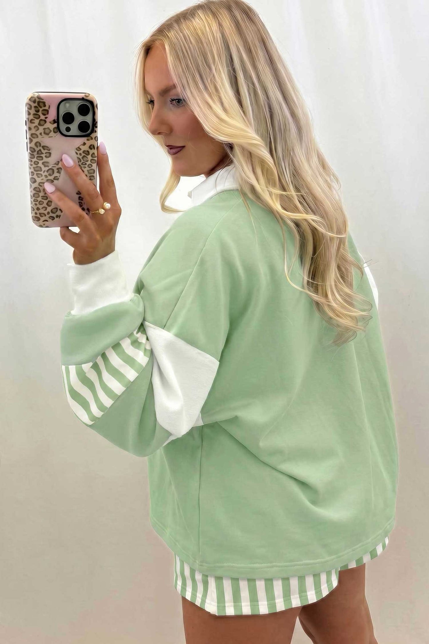 Smoke Green Striped Color Block Pullover
Top Drawstring Shorts Set
