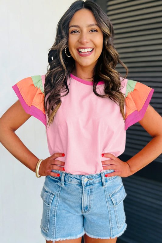 Pink colorblock flutter top