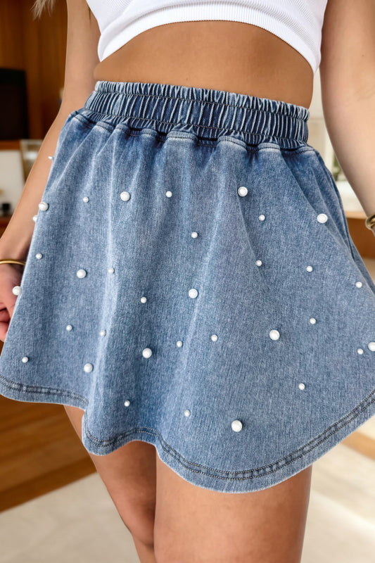 Pearls on Denim Skort