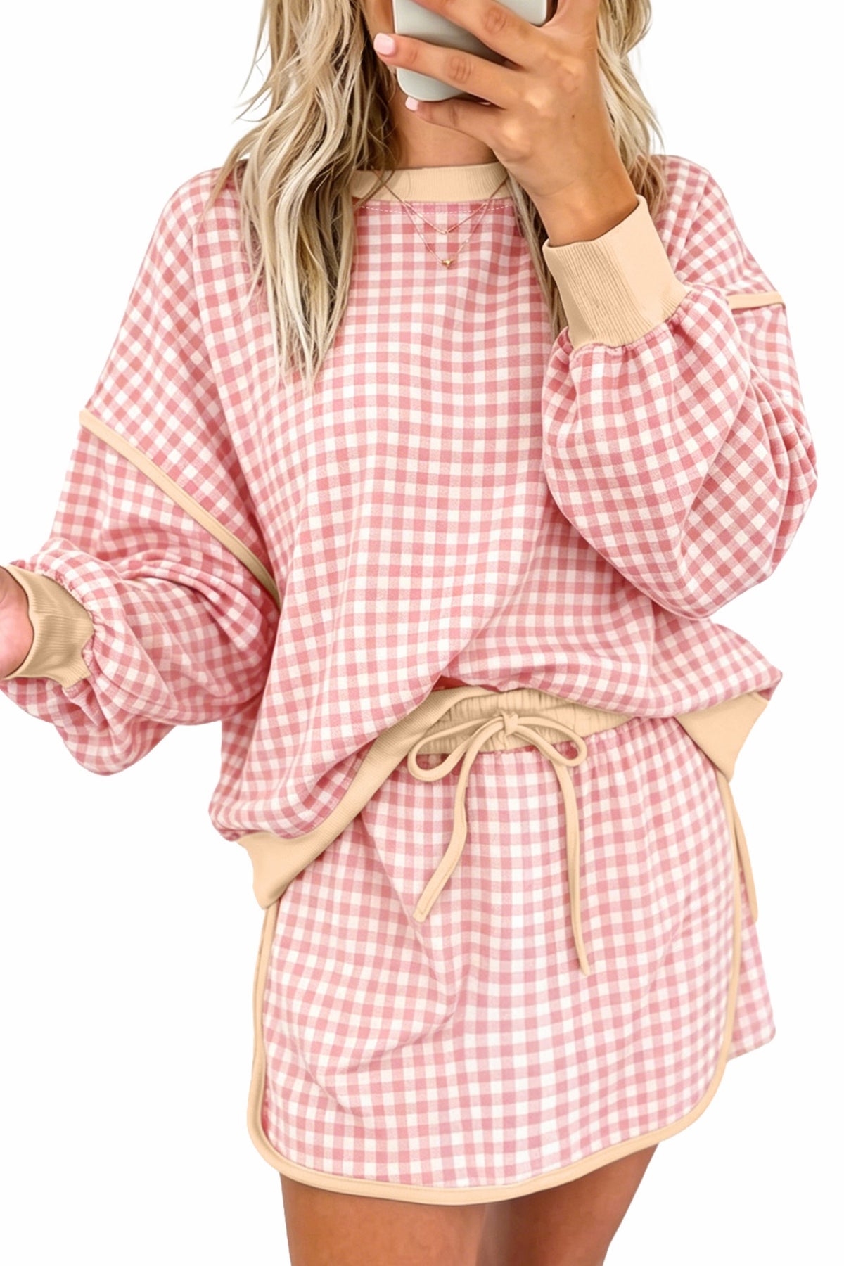 Pink gingham, oversized, pullover skort set