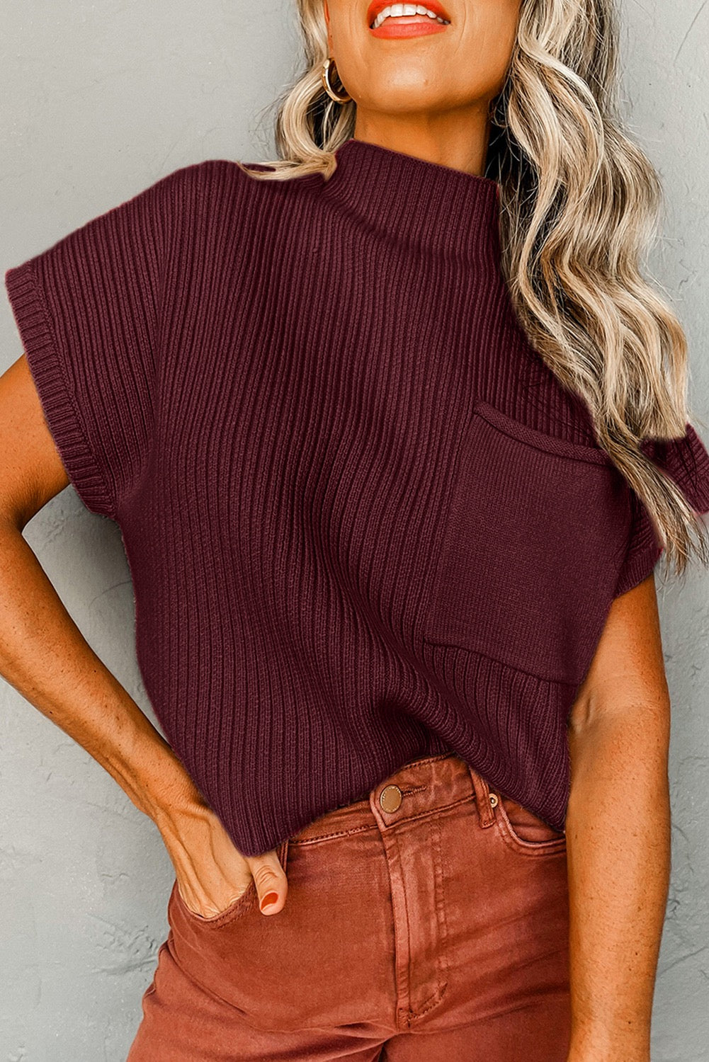 Ribbed Pocket Short Sleeve Sweater