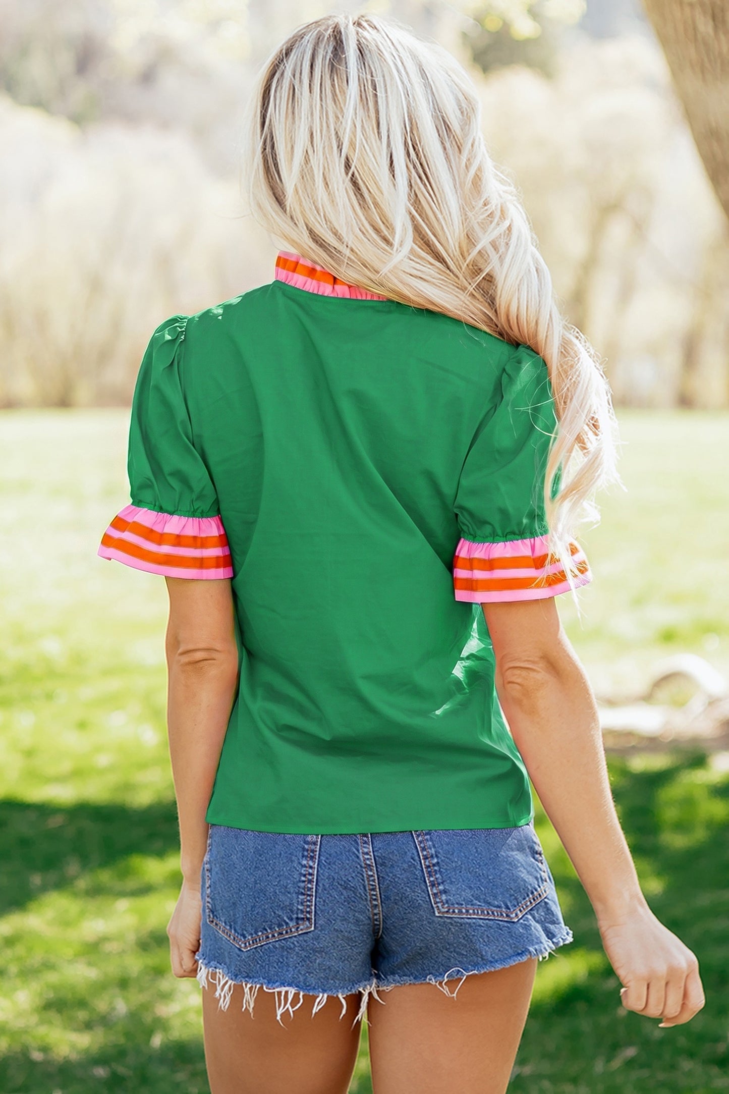 Green Striped Frilled Collar Top