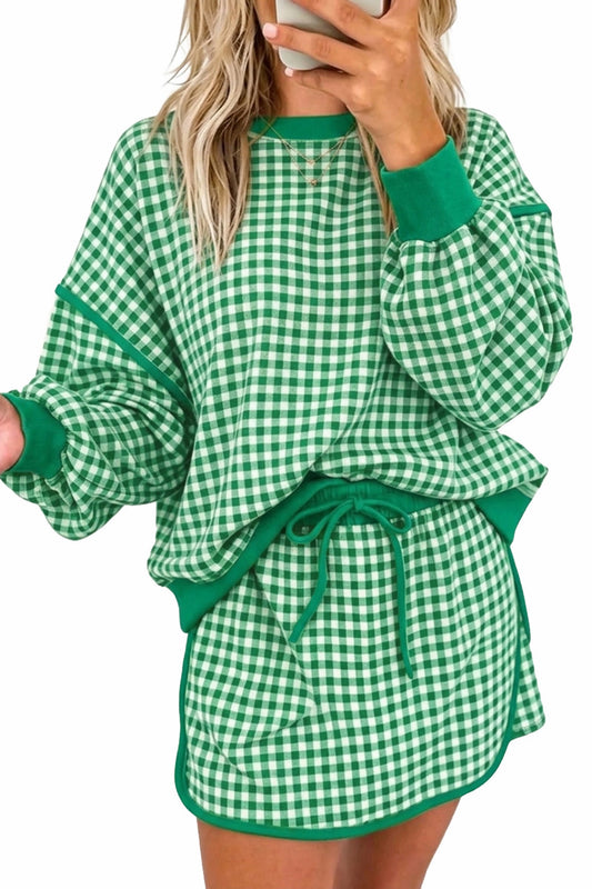 Green  gingham, oversized, pullover skort set