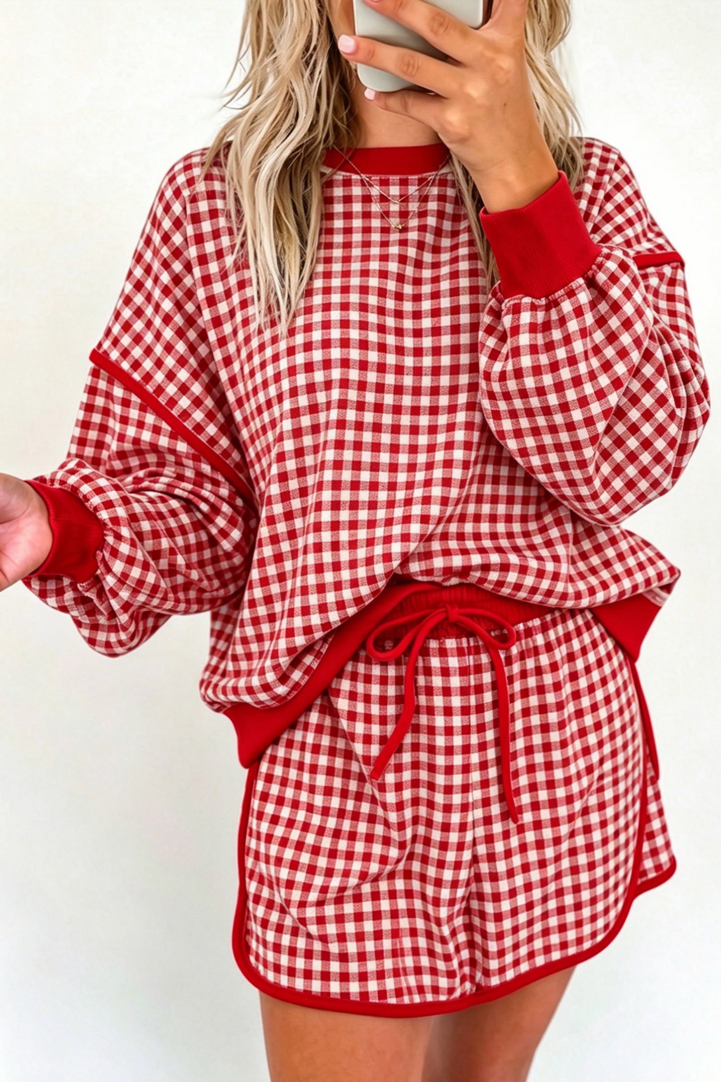 Red gingham, oversized, pullover skort set