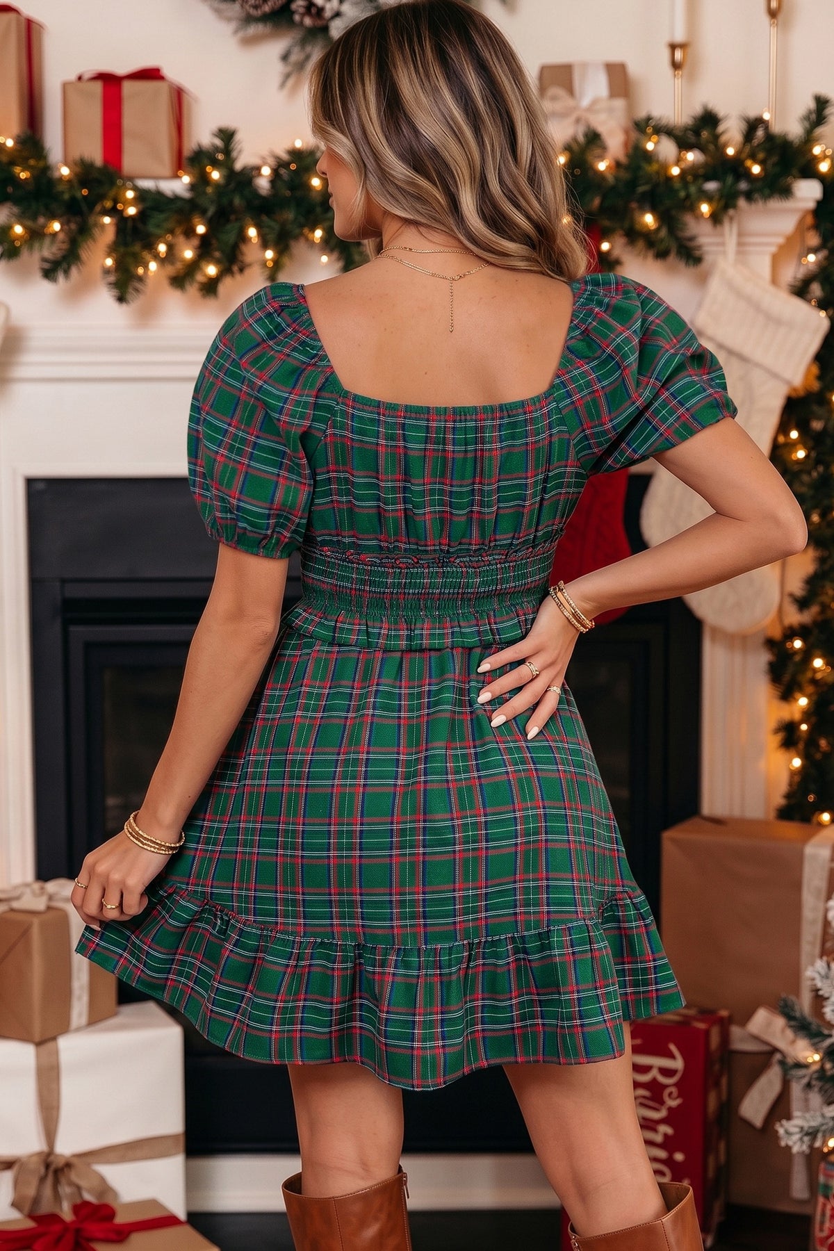 Green Plaid Short Sleeve Dress