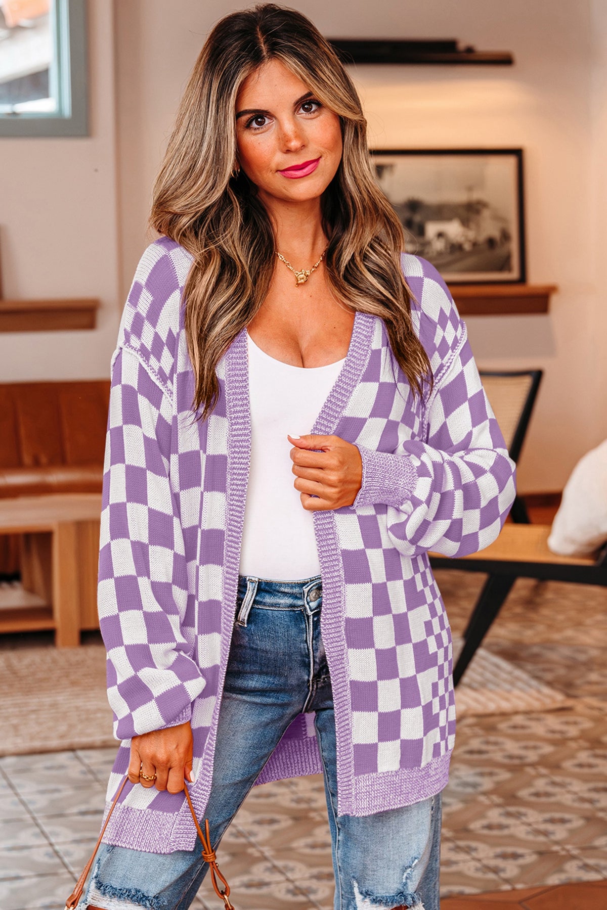 Purple Check Cardigan