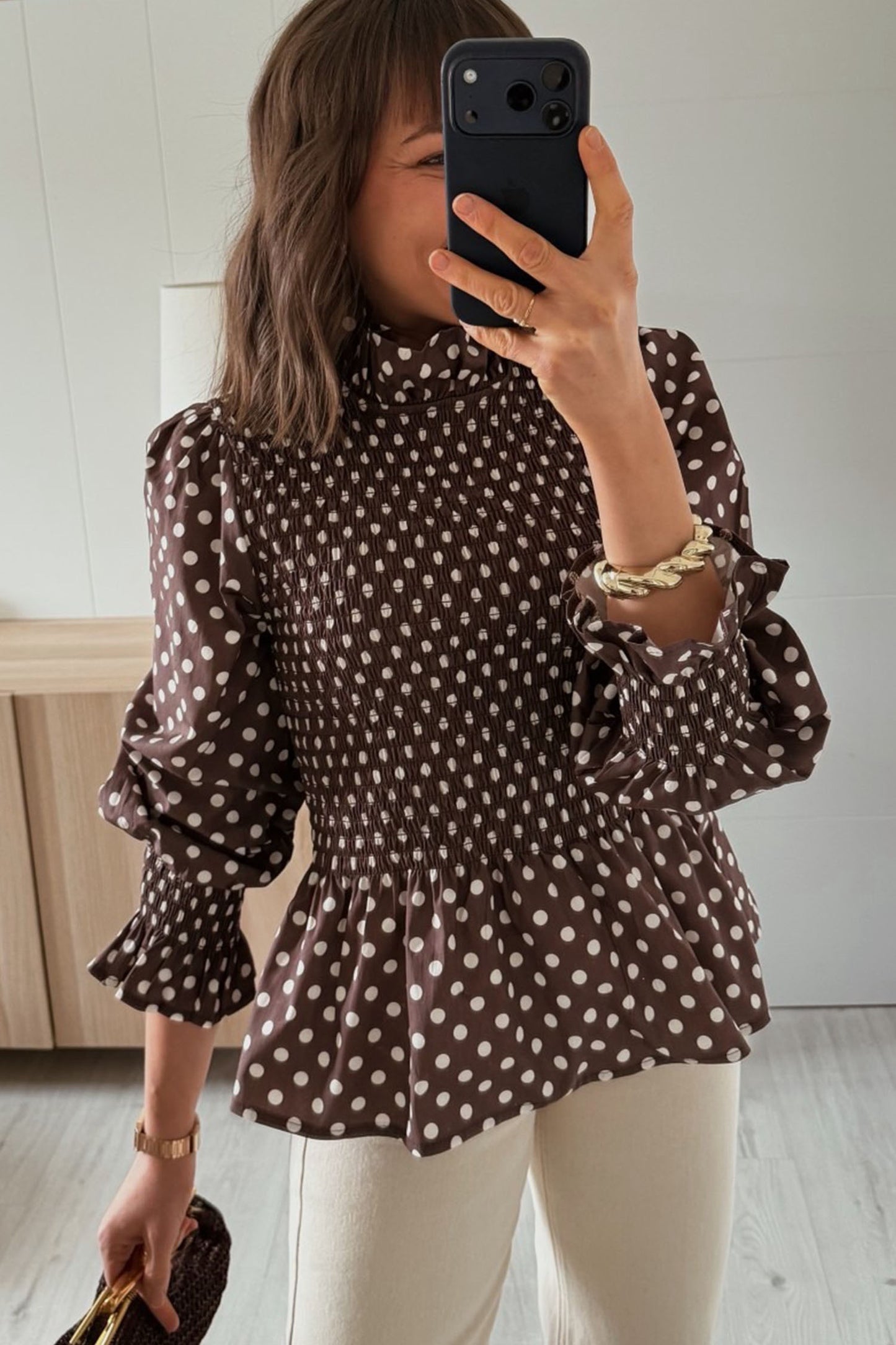 Brown Polka Dot Ruffle Hem Top