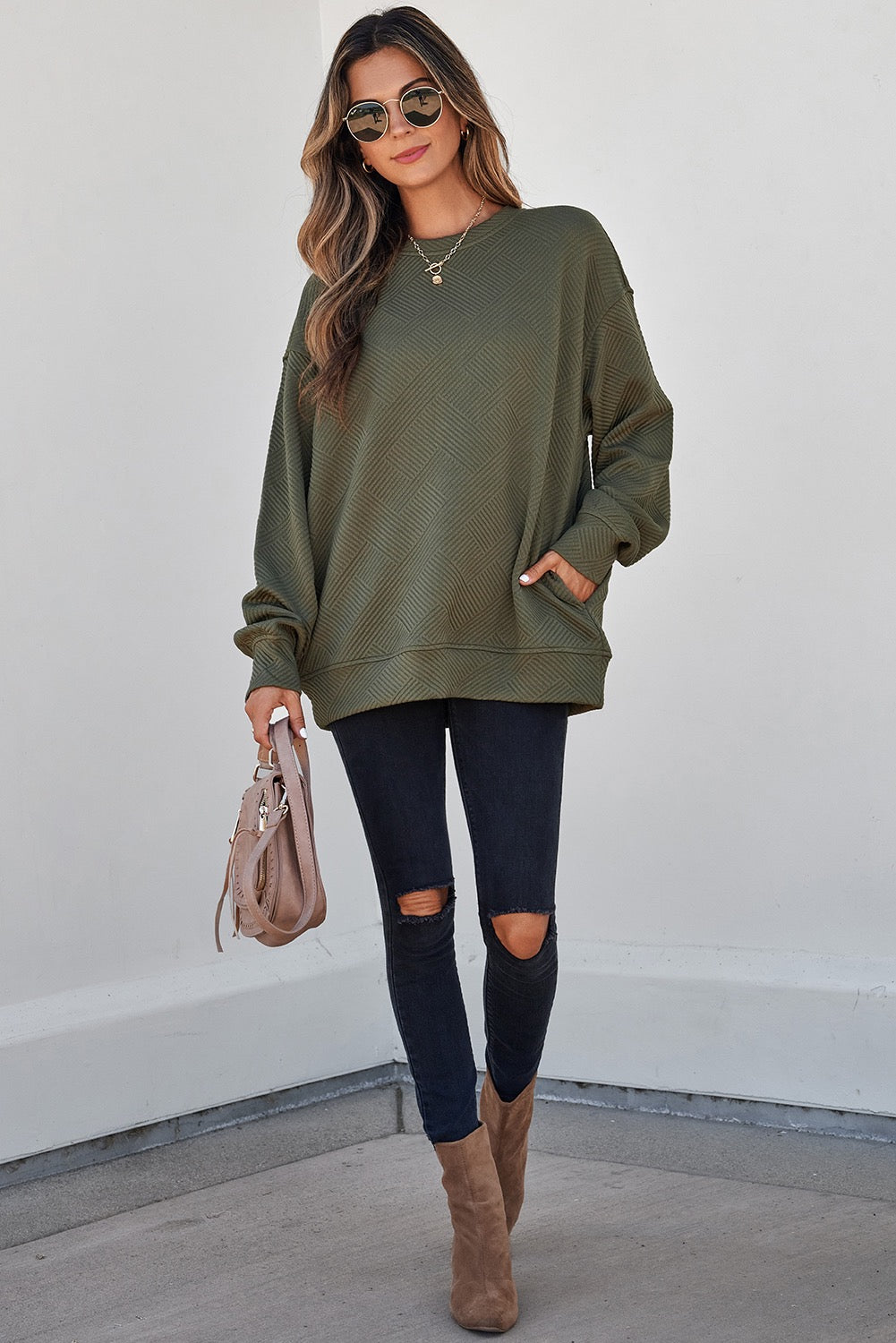 Textured Round Neck drop shoulder Top