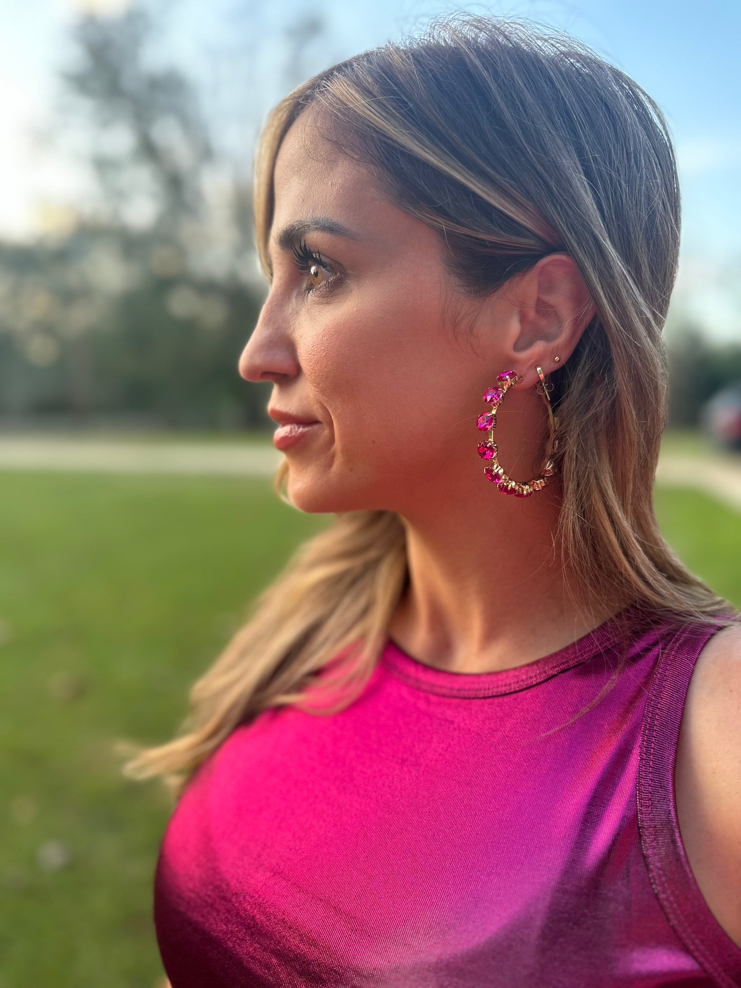 GEMSTONE EMBRACE FUCHSIA CRYSTAL HOOP EARRINGS