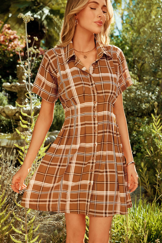 Brown Stripe Plaid Shift Dress