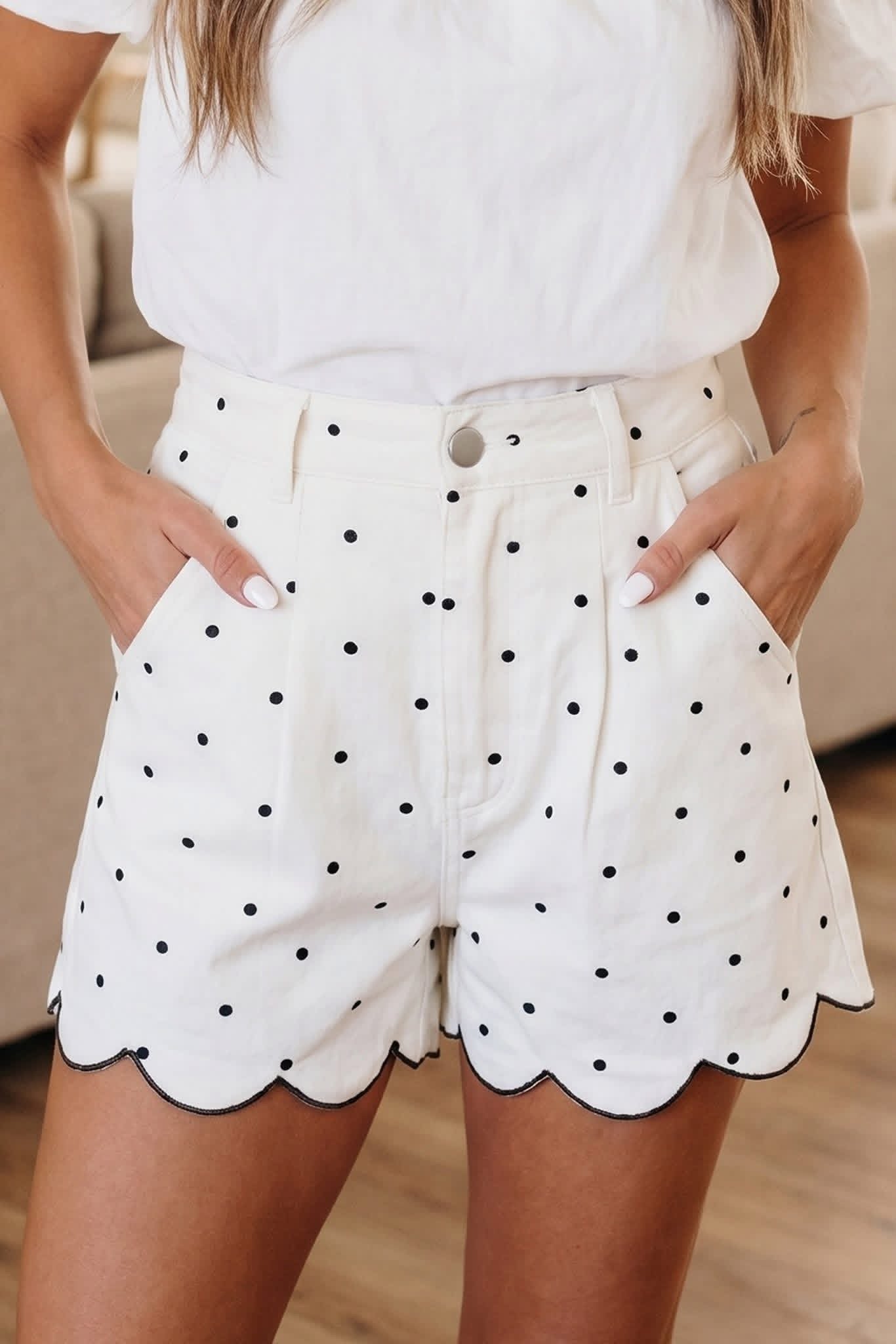 White Polka Dot Denim Shorts