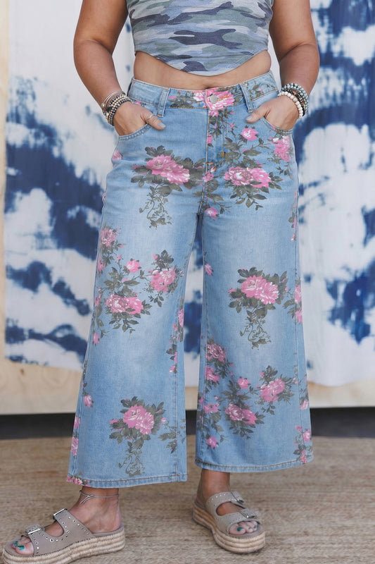 Sky Blue Vintage Floral jeans Plus