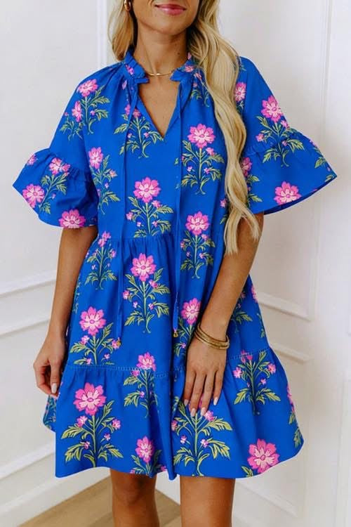 Blue vneck loose flower dress