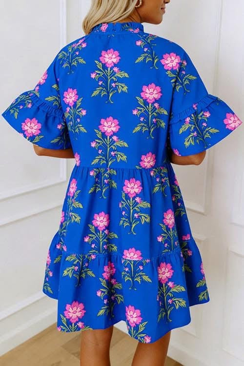 Blue vneck loose flower dress