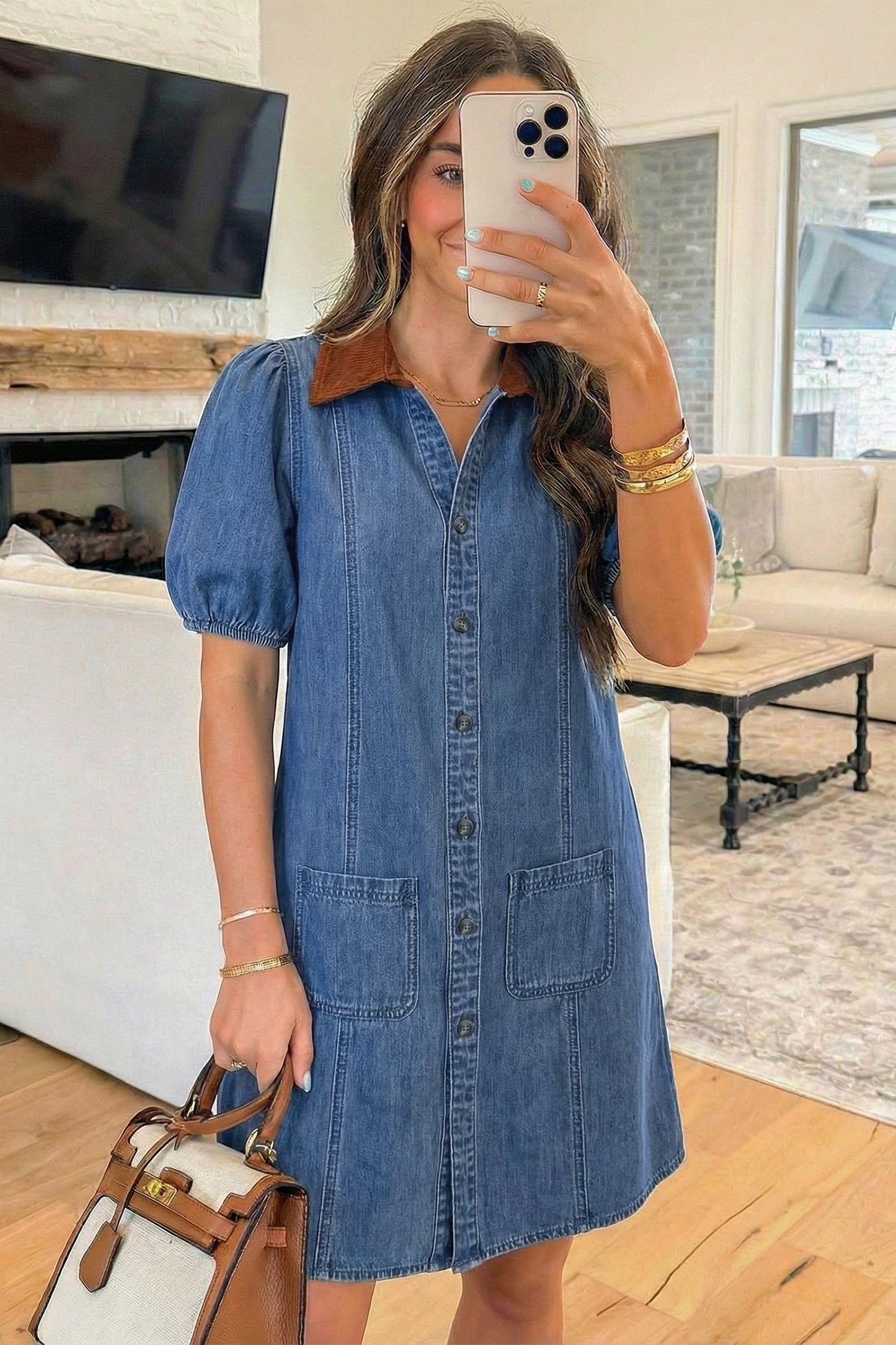 Denim Dress color block collar Dress