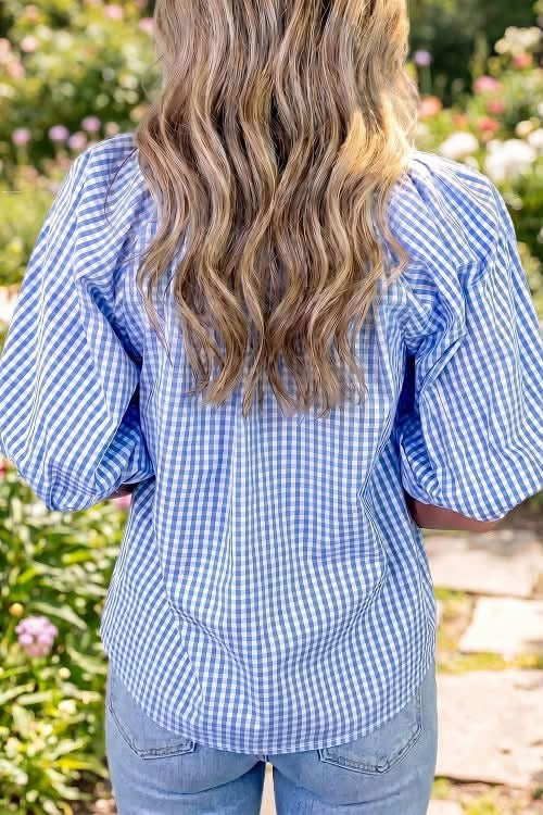Sky blue plaid vneck puff sleeve blouse