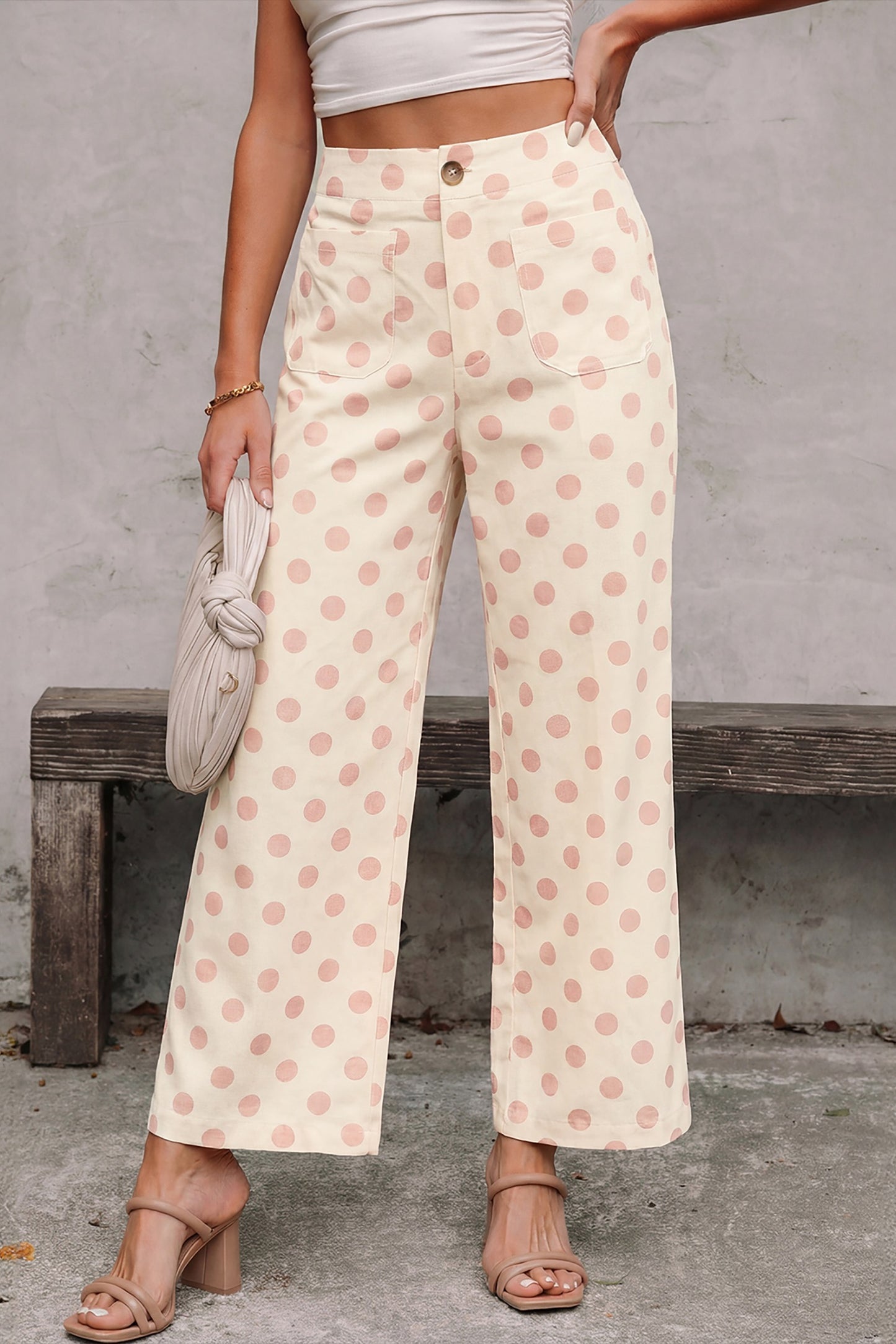 White Polka dot straight leg pants