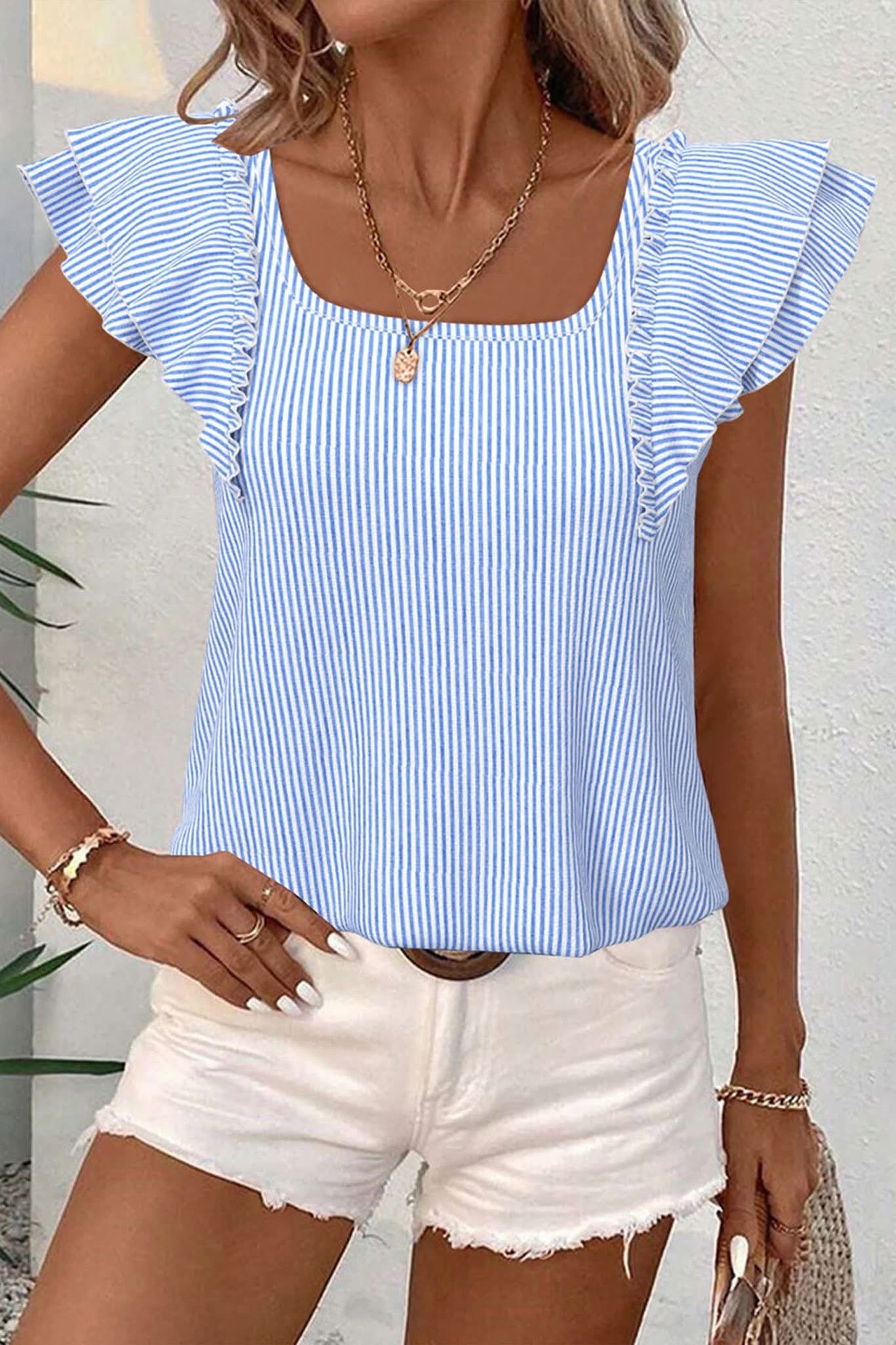 Sky Blue Pinstripe Bow Top