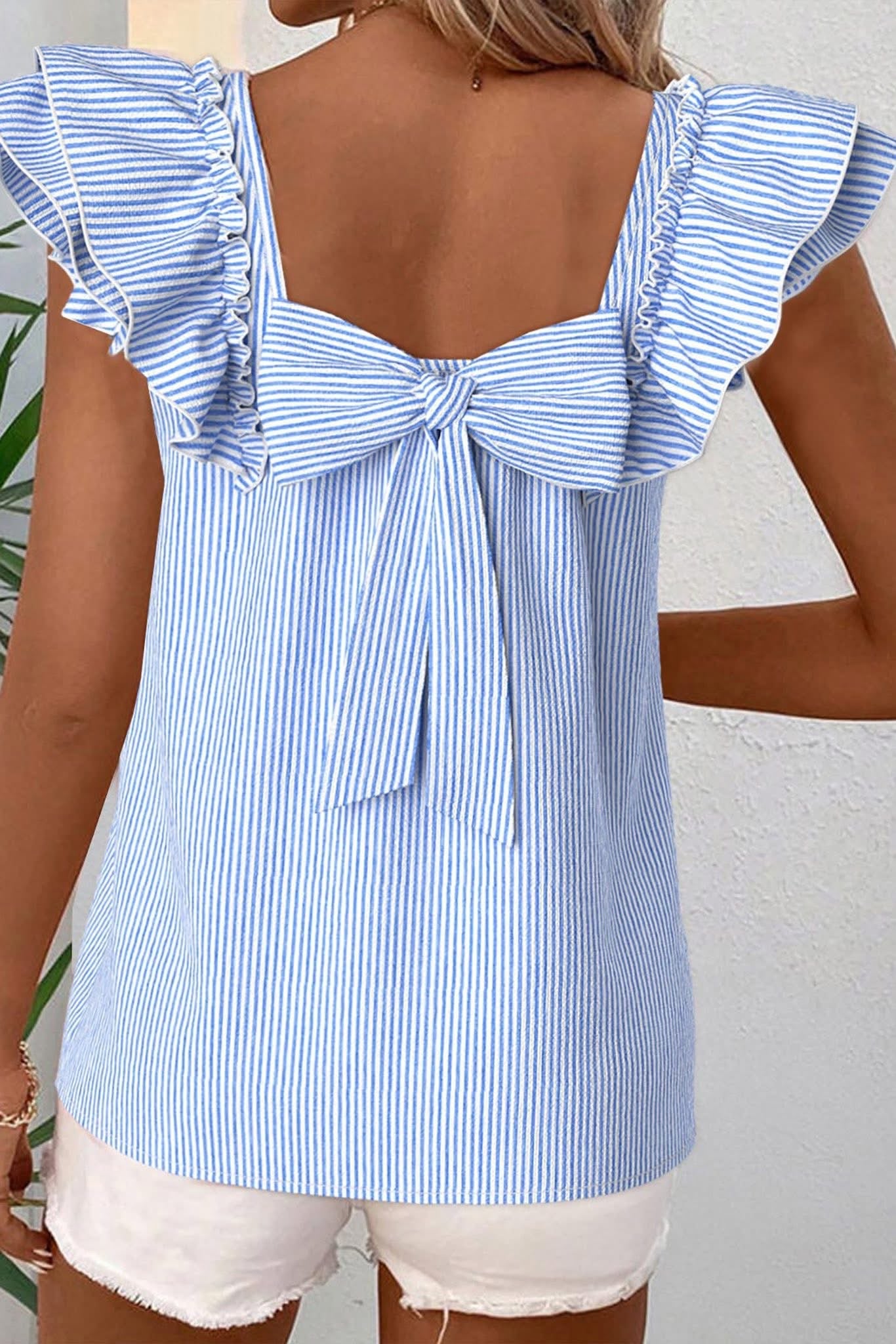 Sky Blue Pinstripe Bow Top