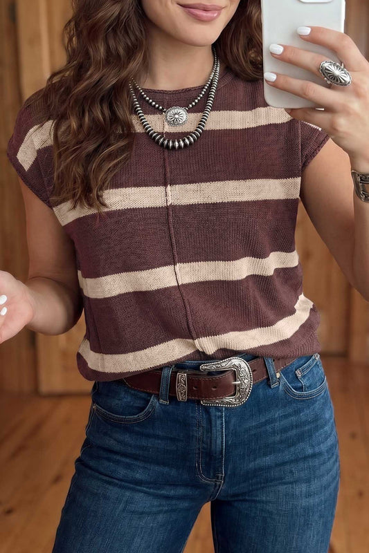 Brown and white stripe short sleeve sweater