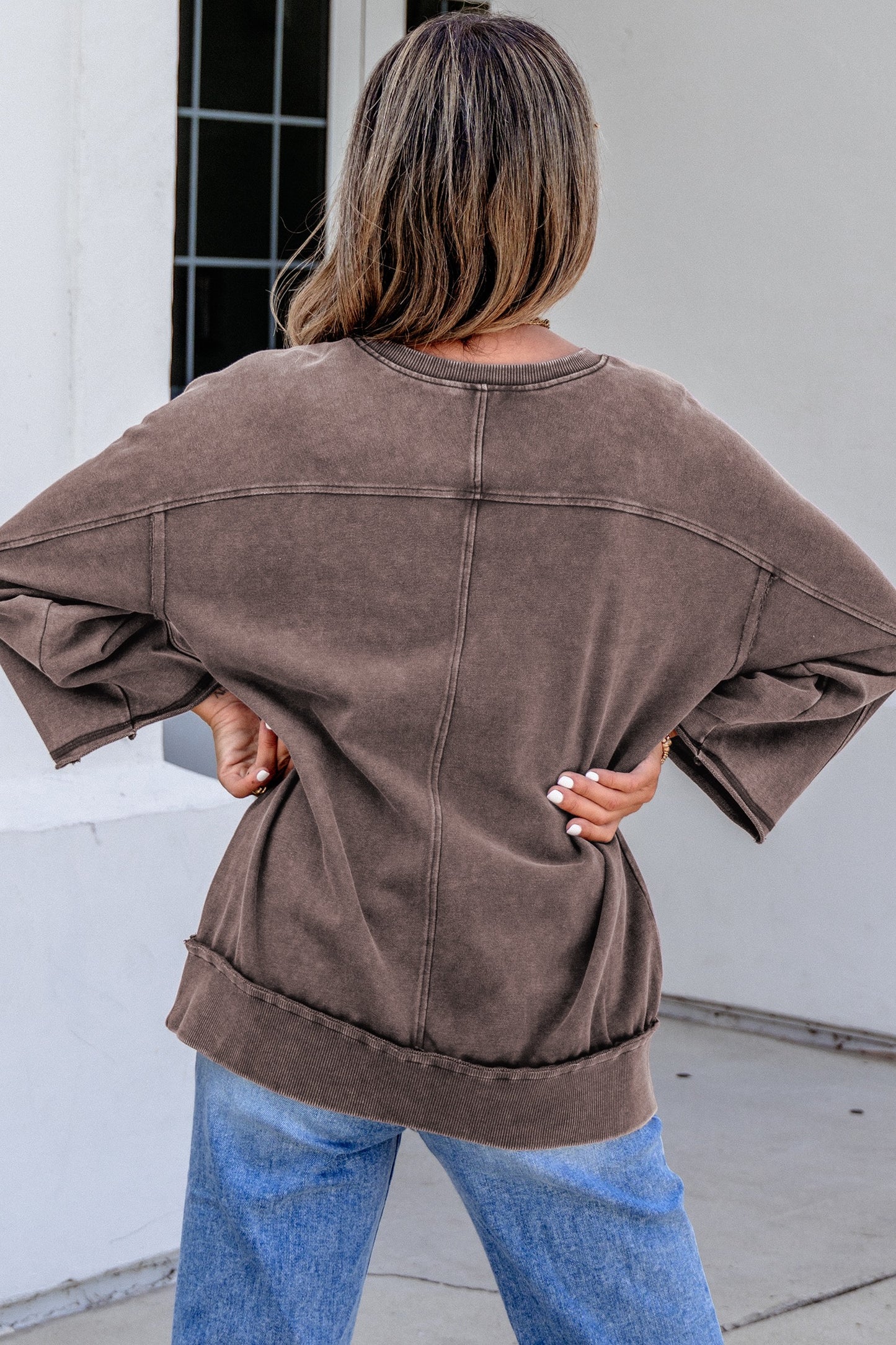 Dark brown three-quarter sleeve mineral wash cotton top