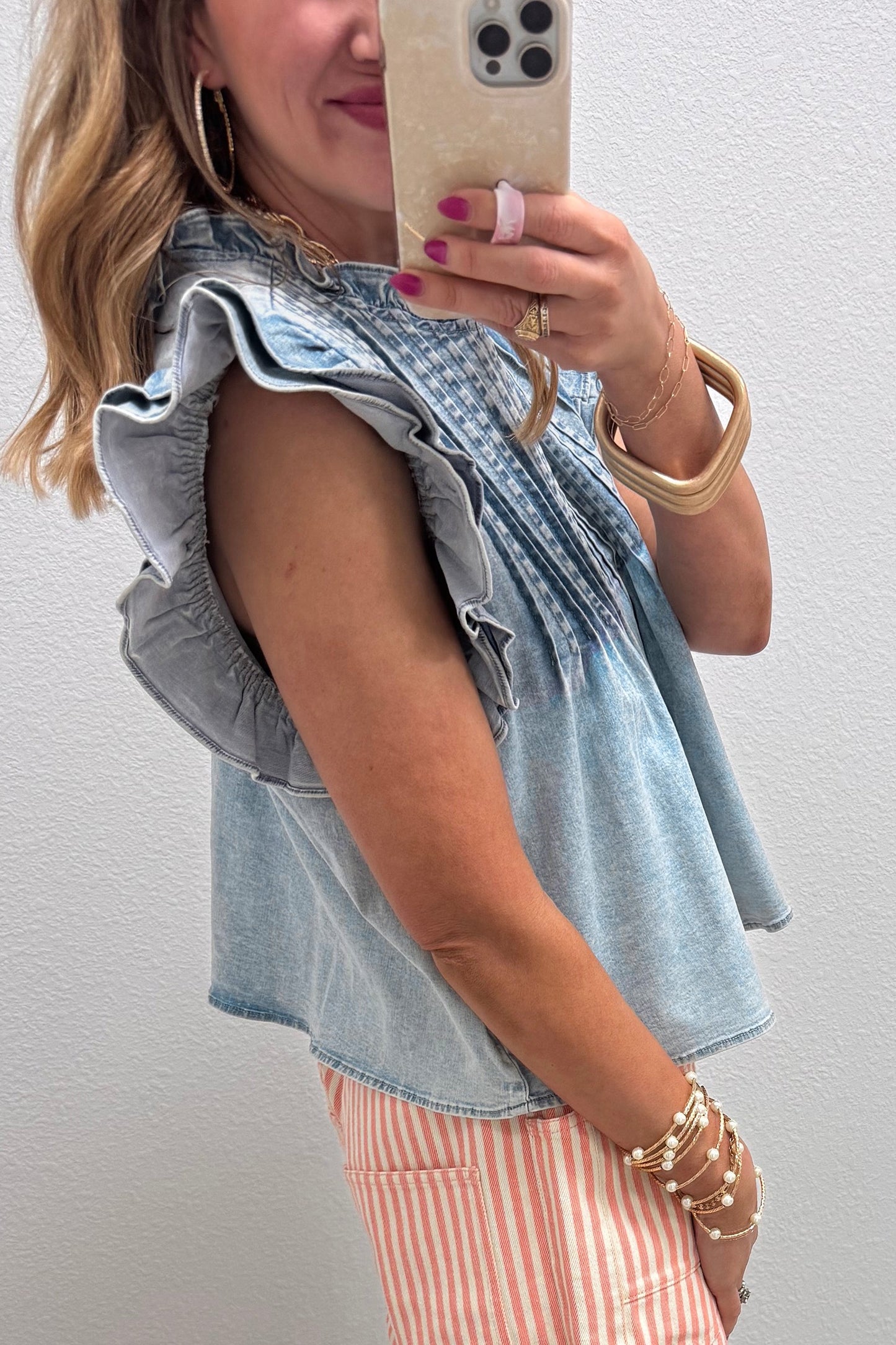 Beau Blue Ruffle Denim Top