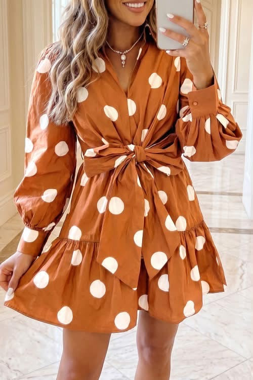 Brown polka dot long sleeve tie waist dress