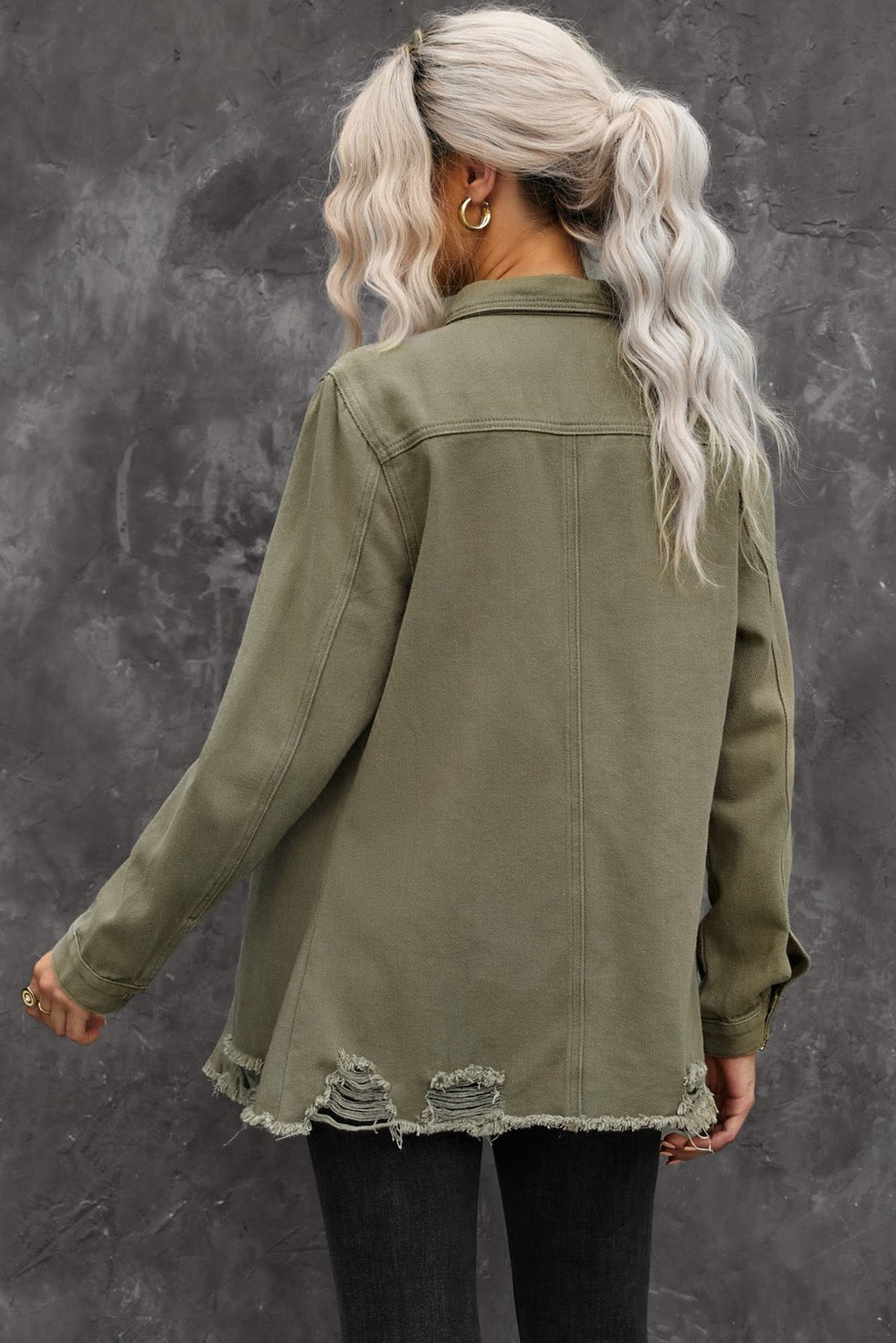Green Denim Raw Hem Shacket