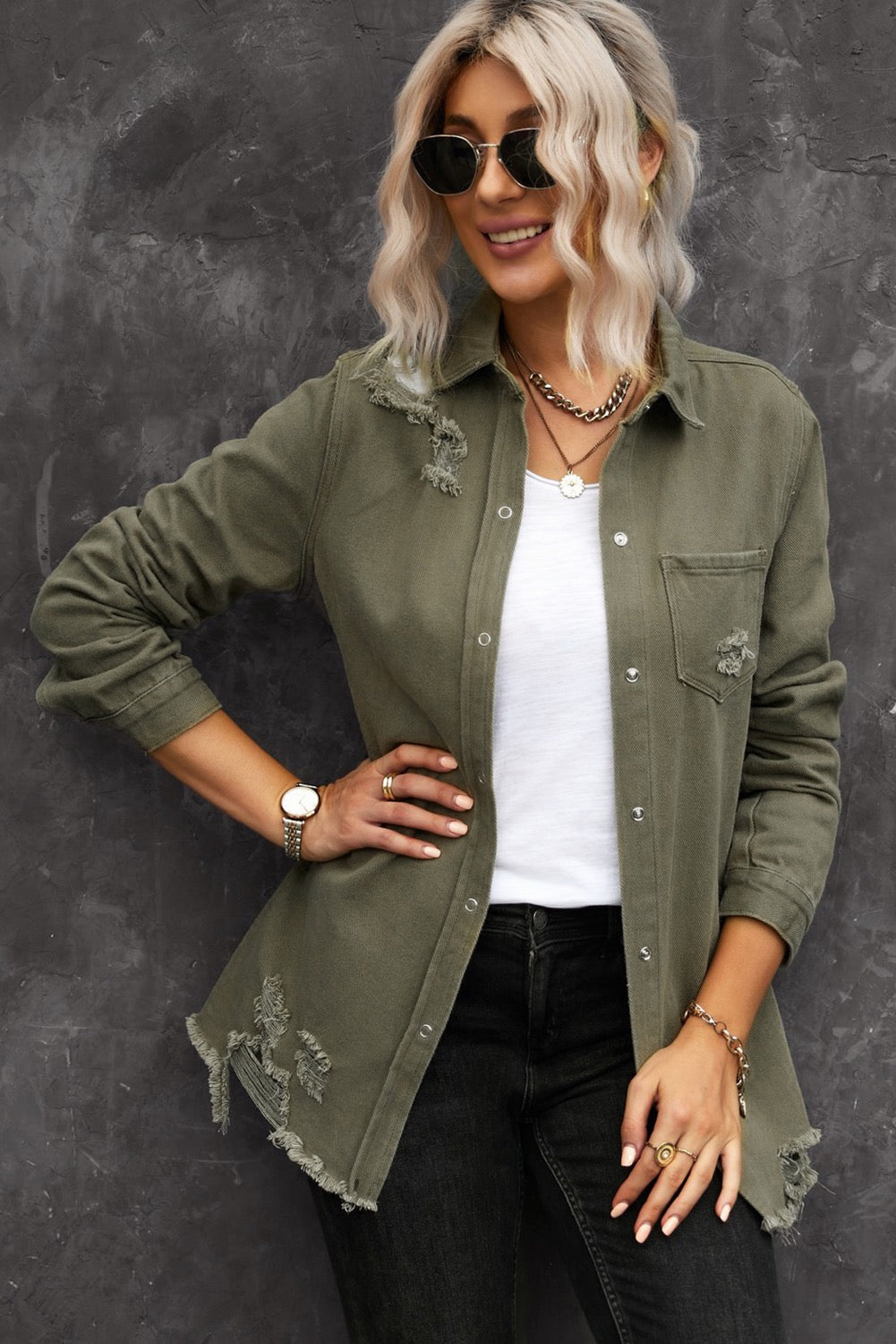 Green Denim Raw Hem Shacket