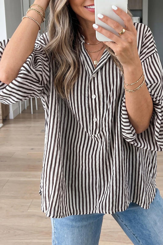 Black stripe half button-down oversized top