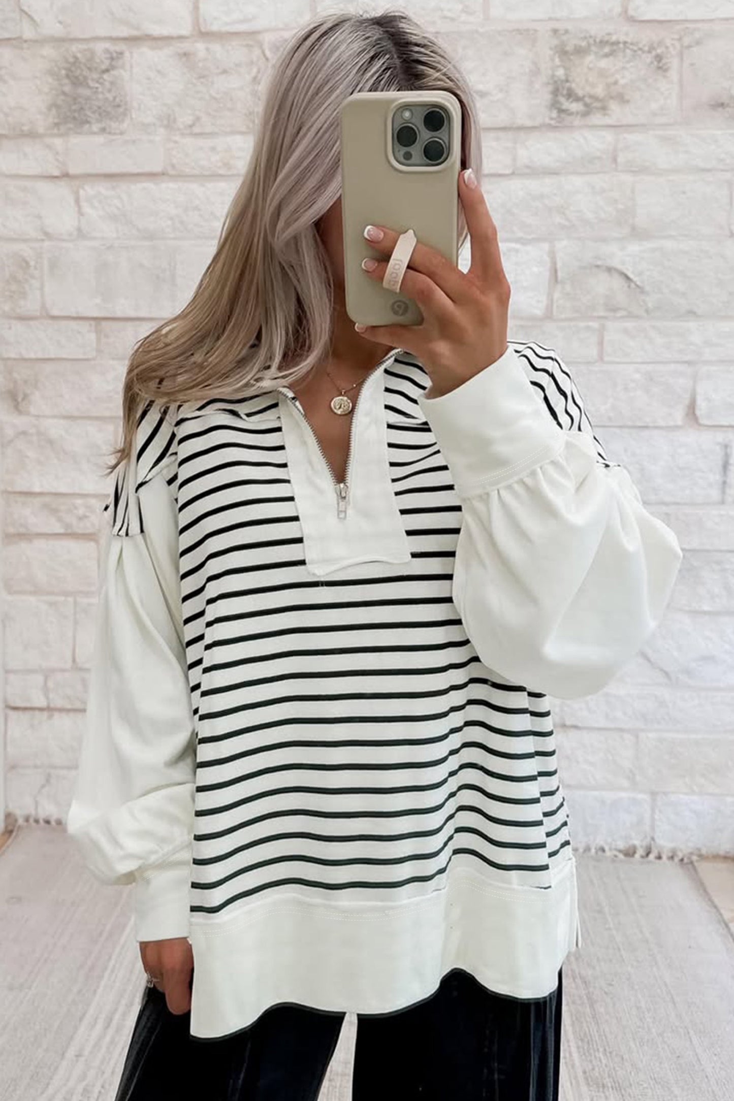 Black and white stripe puff sleeve zip top