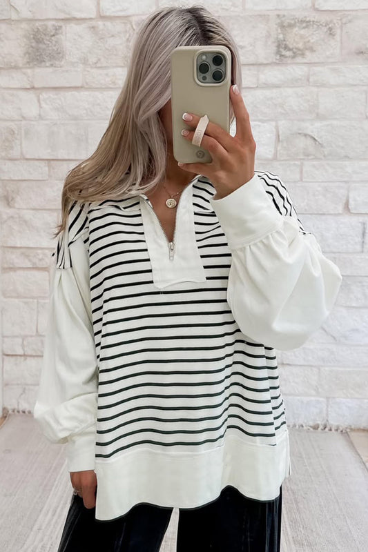 Black and white stripe puff sleeve zip top