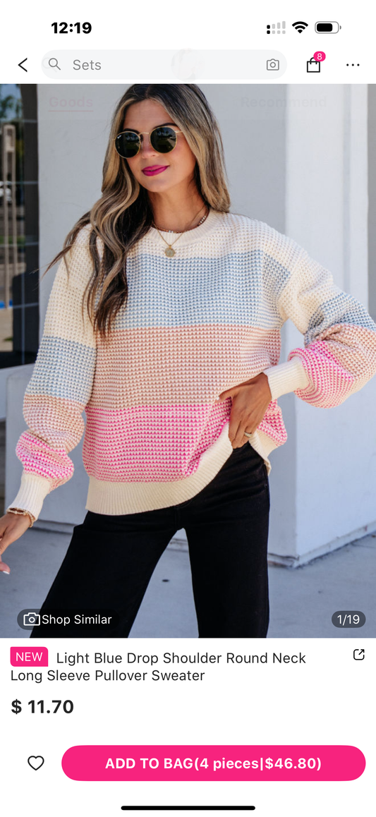 Light Blue Drop Shoulder Round Neck Long Sleeve Pullover Sweater