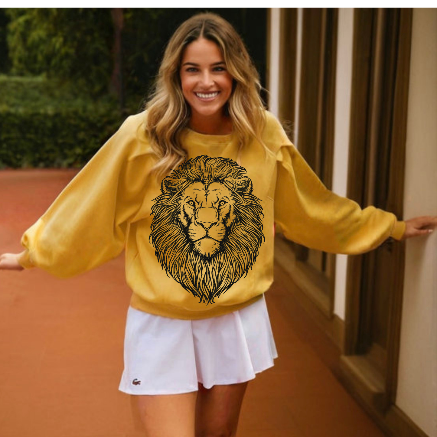 Oversized Mascot, on mustard sweatshirt