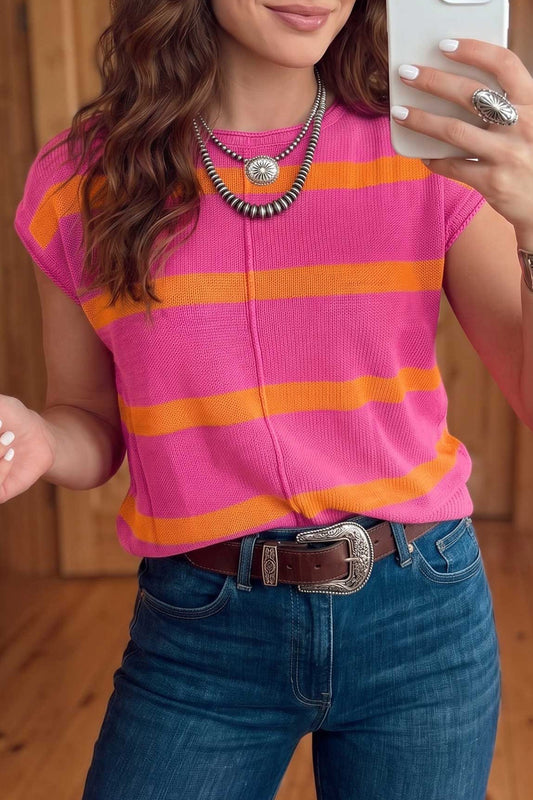 Rose  stripe short sleeve sweater
