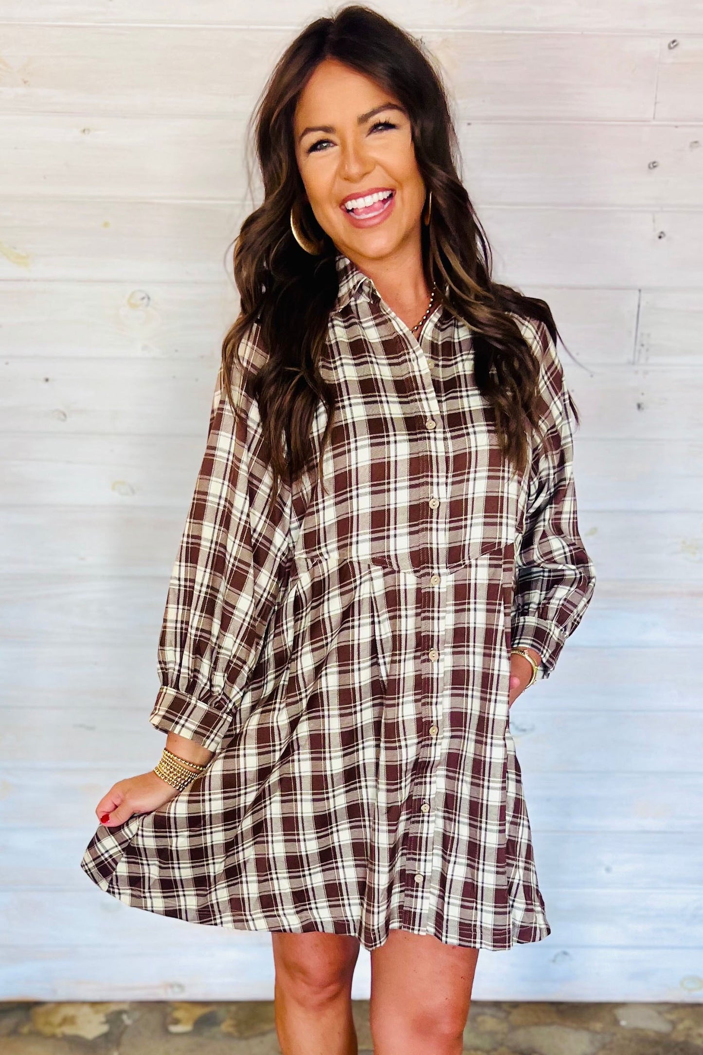 Brown Plaid Shift Dress