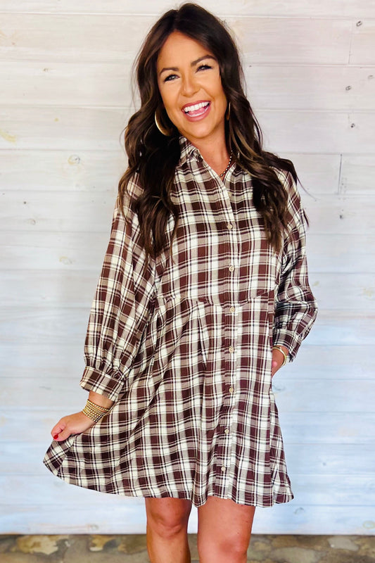 Brown Plaid Shift Dress