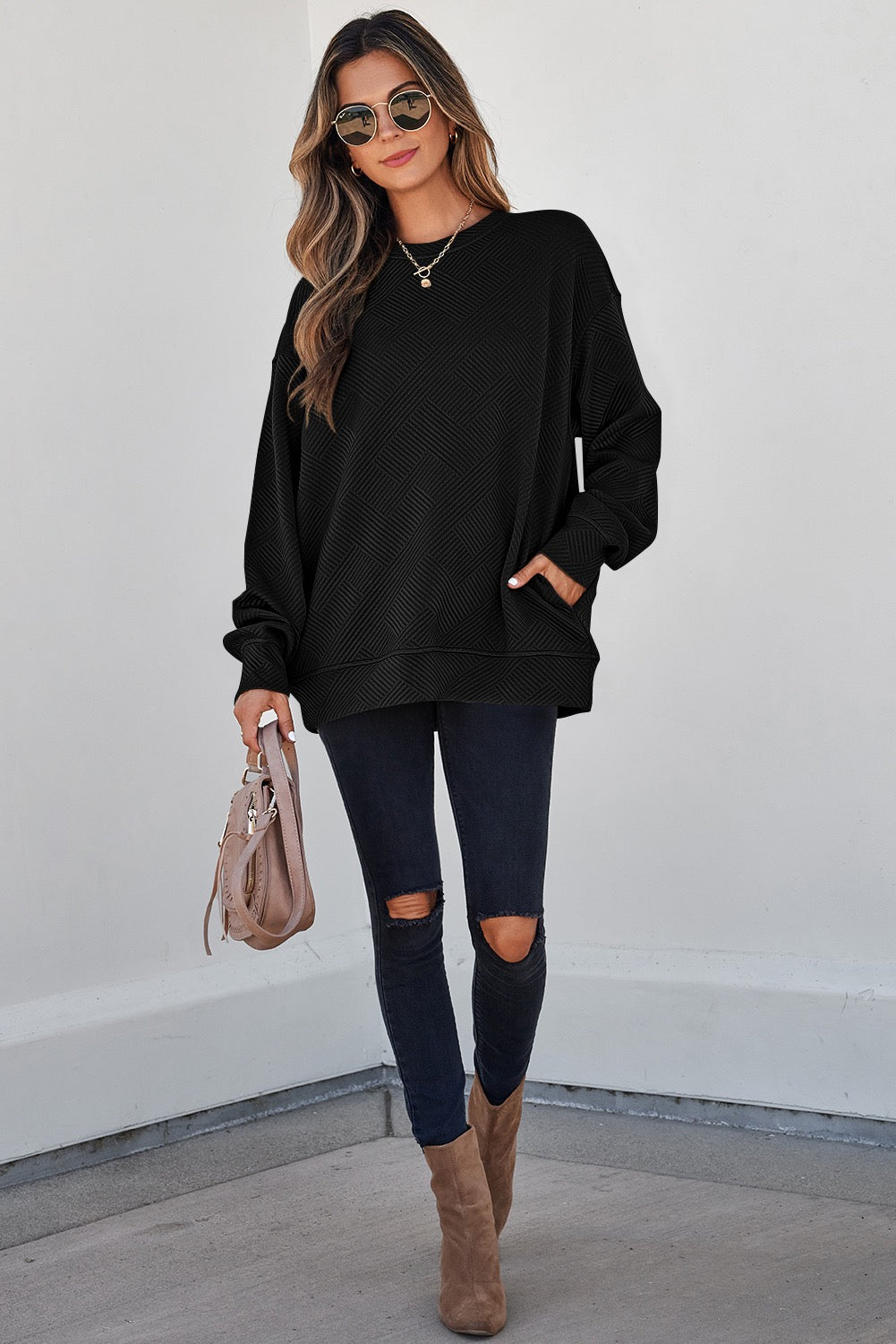 Textured Round Neck drop shoulder Top