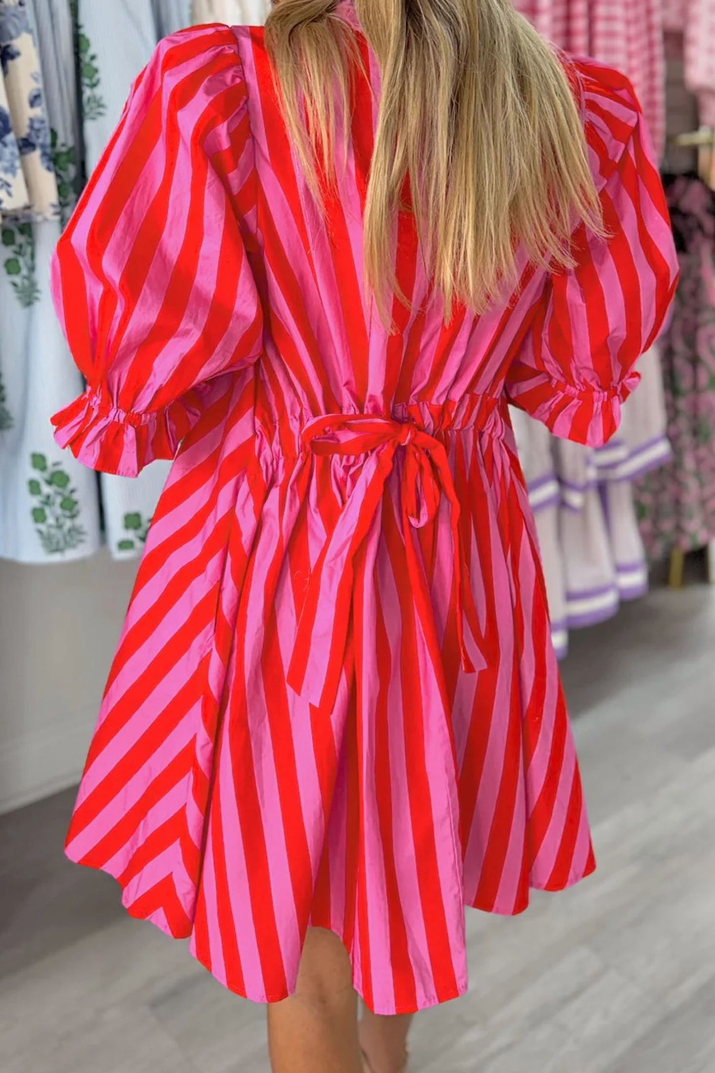 Red stripes cinched back dress