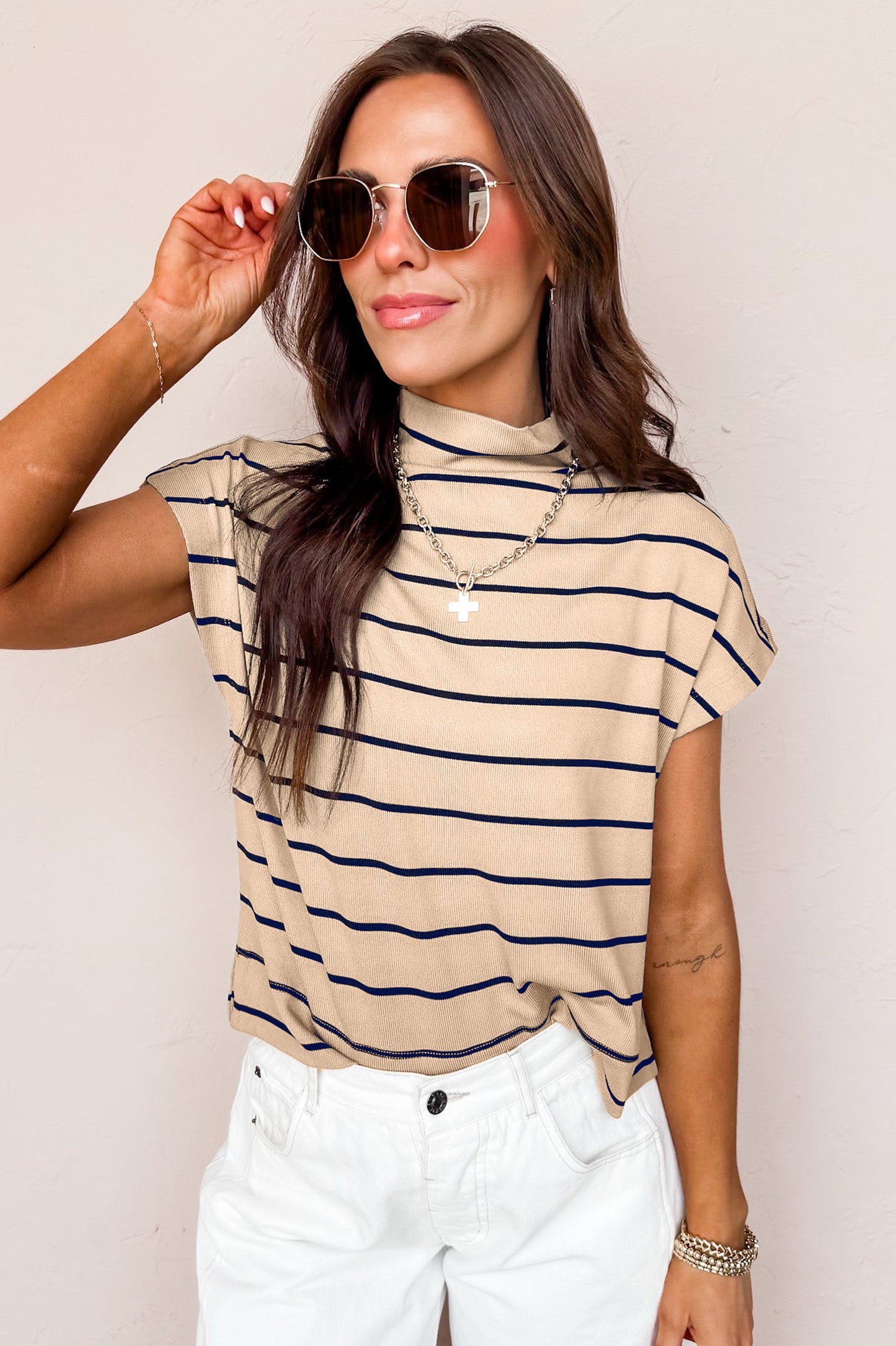 Mock neck stripe top
