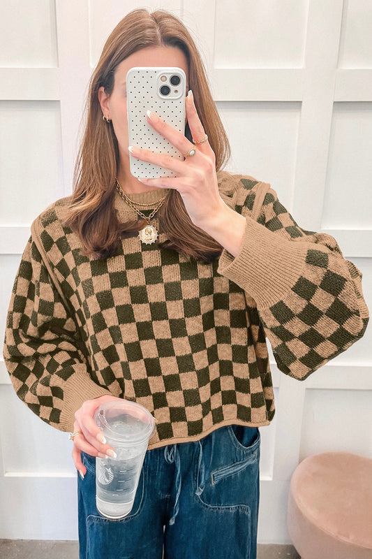 Drop shoulder checkered sweater cropped