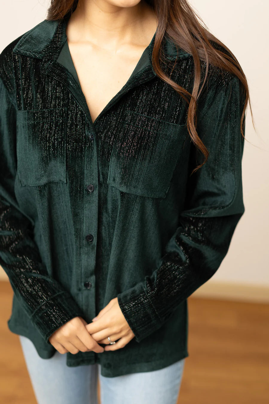 KATHRYN CLASSIC BUTTON-UP, GREEN VELVET