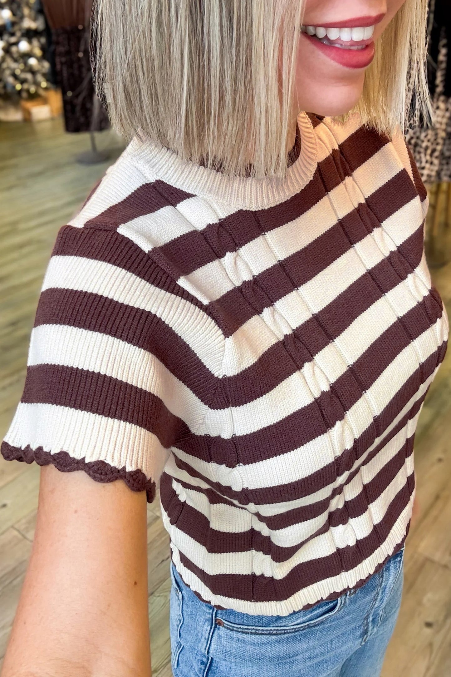 Brown Stripe Ribbed Short Sleeve Sweater