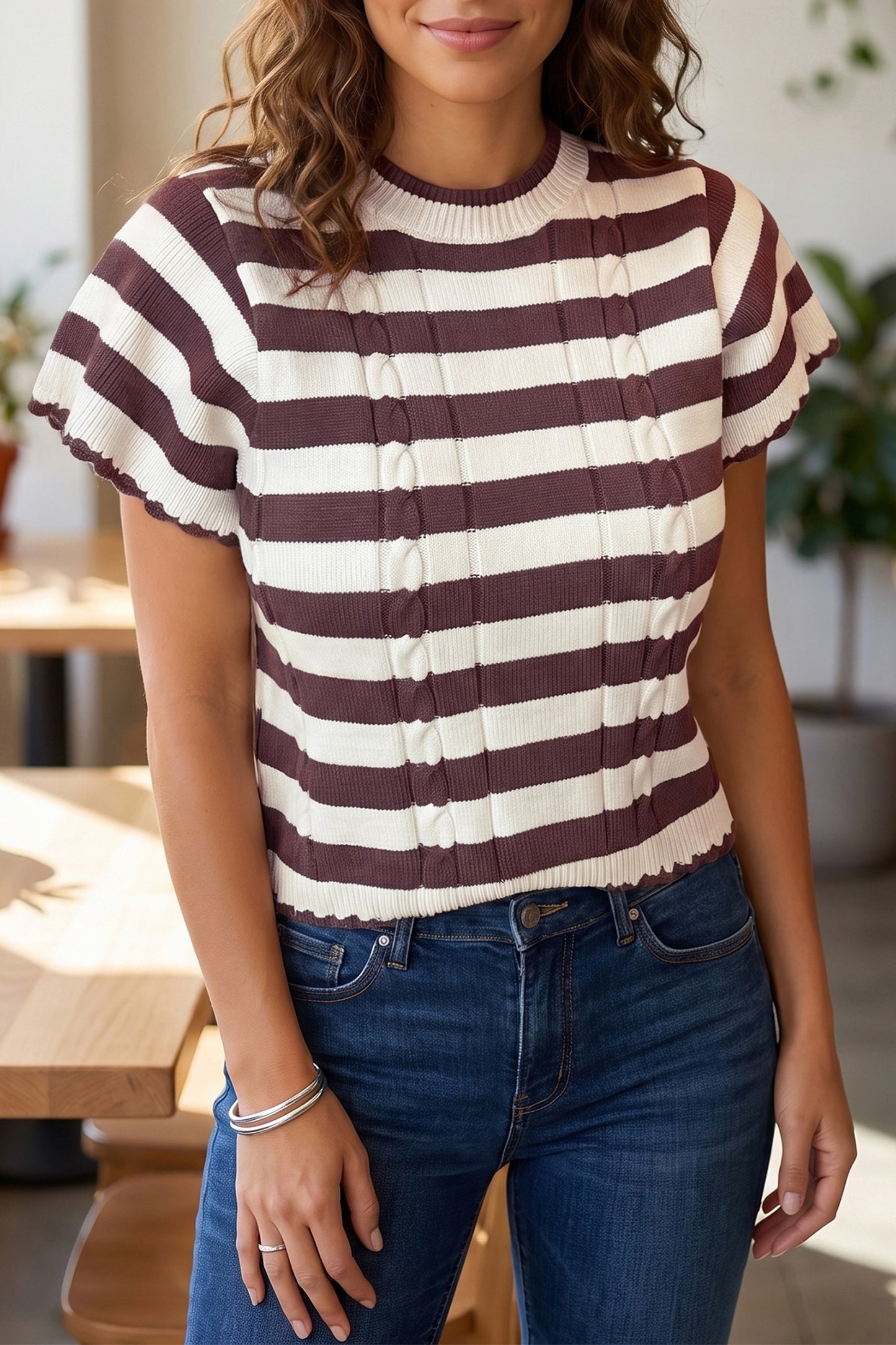 Brown Stripe Ribbed Short Sleeve Sweater