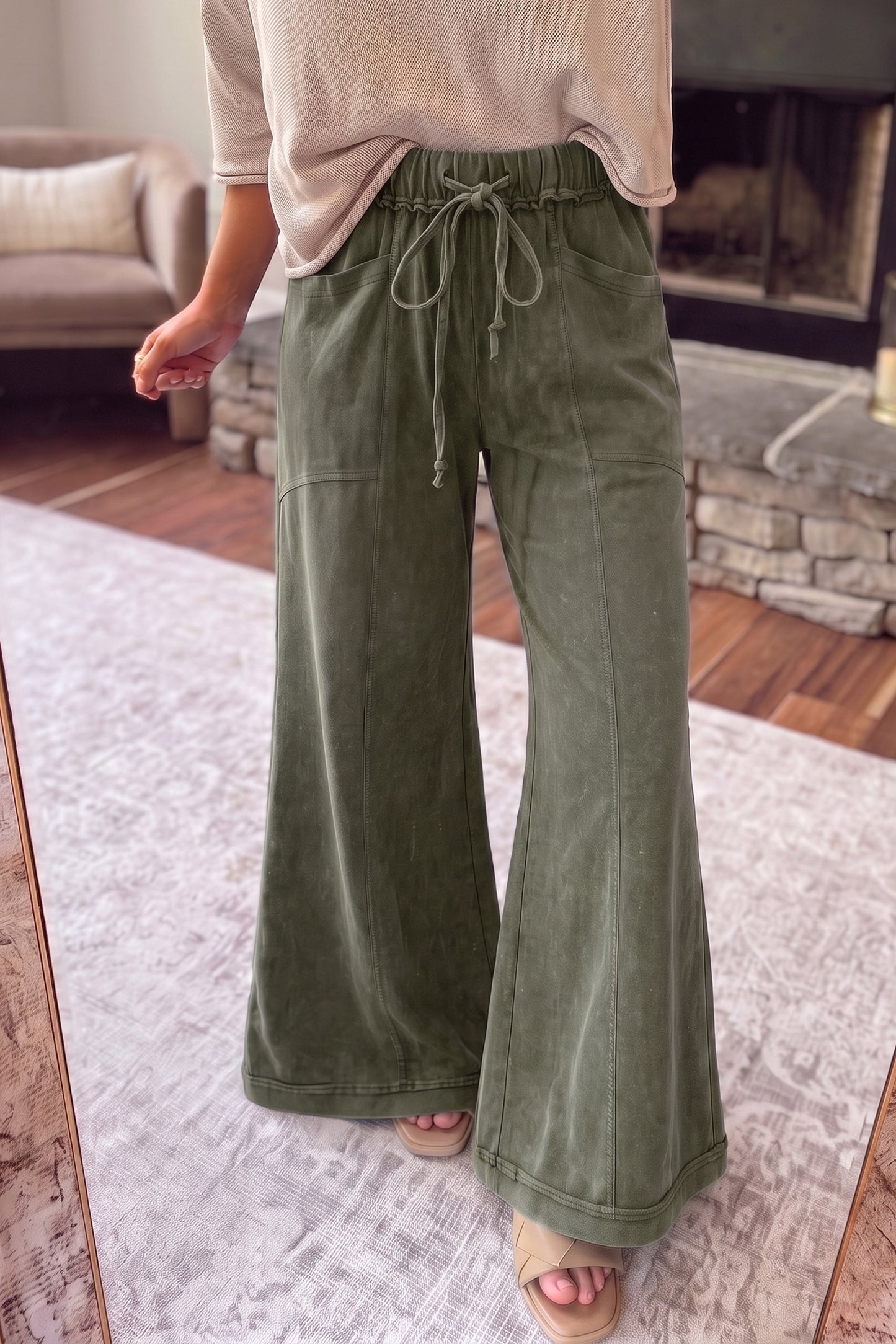 Jungle Green Mineral Wash Drawstring Flair Pants
