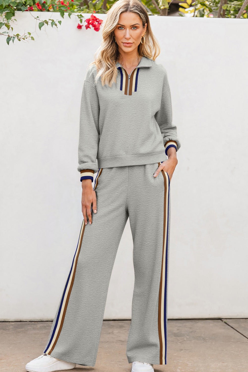 Gray Striped Pullover Set