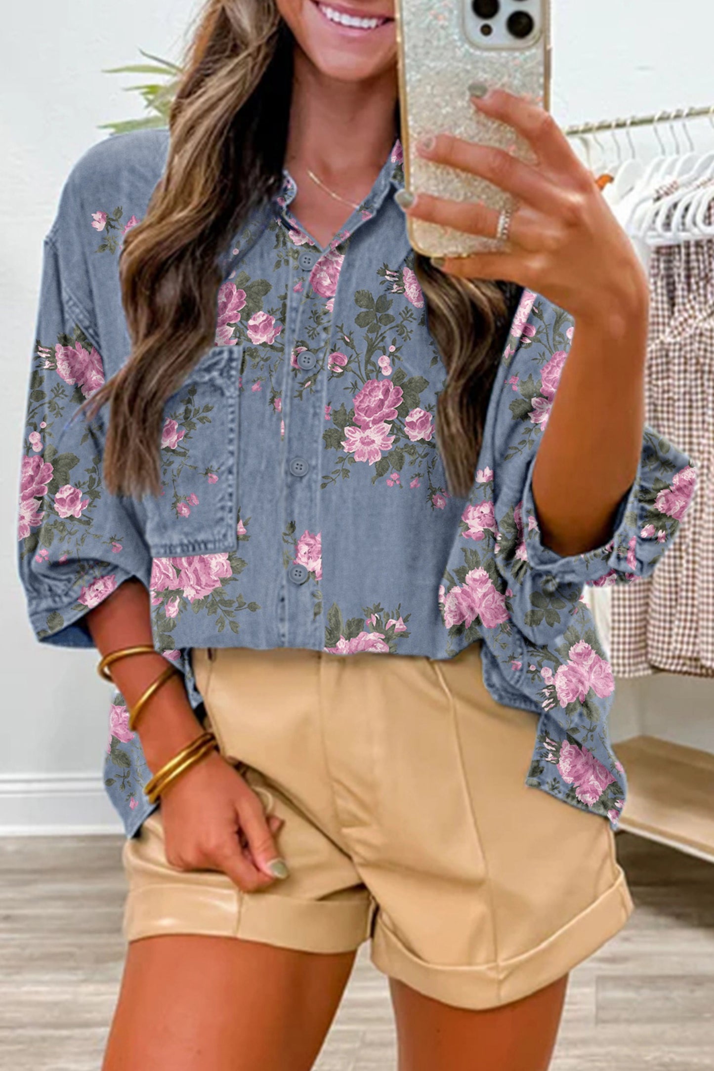 Blue Bracelet Sleeve Denim Top