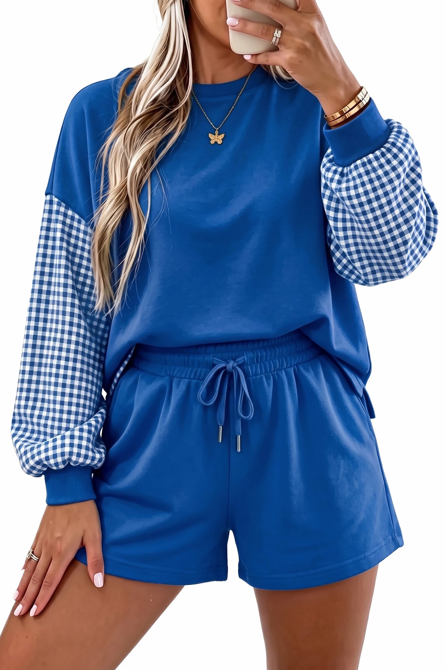 Blue Patchwork long sleeve set