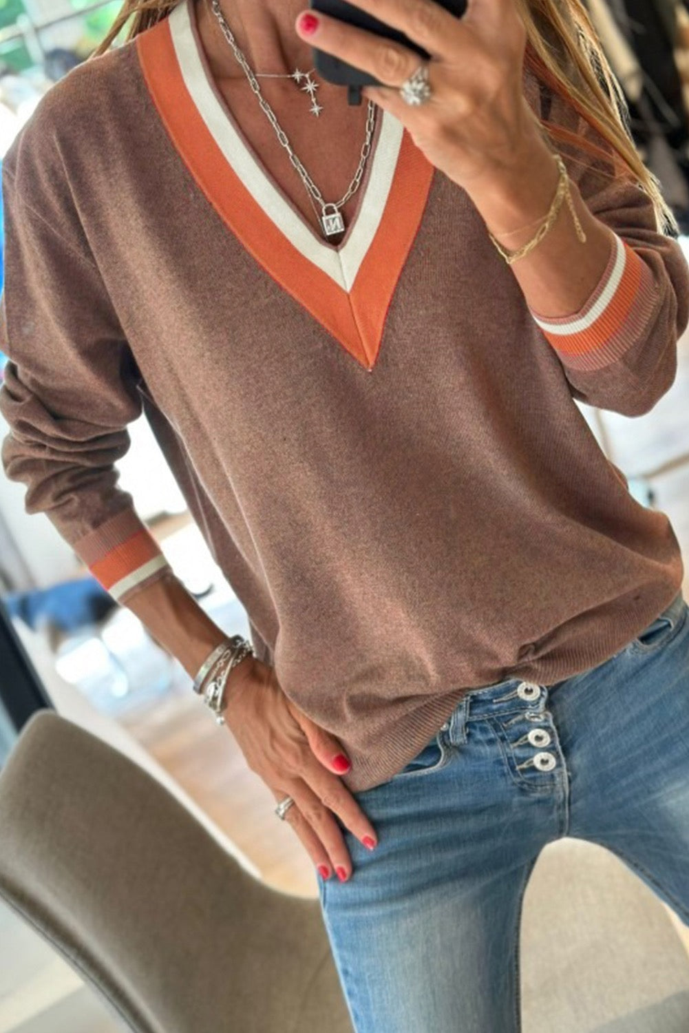 Dark khaki contrast collar V-neck top